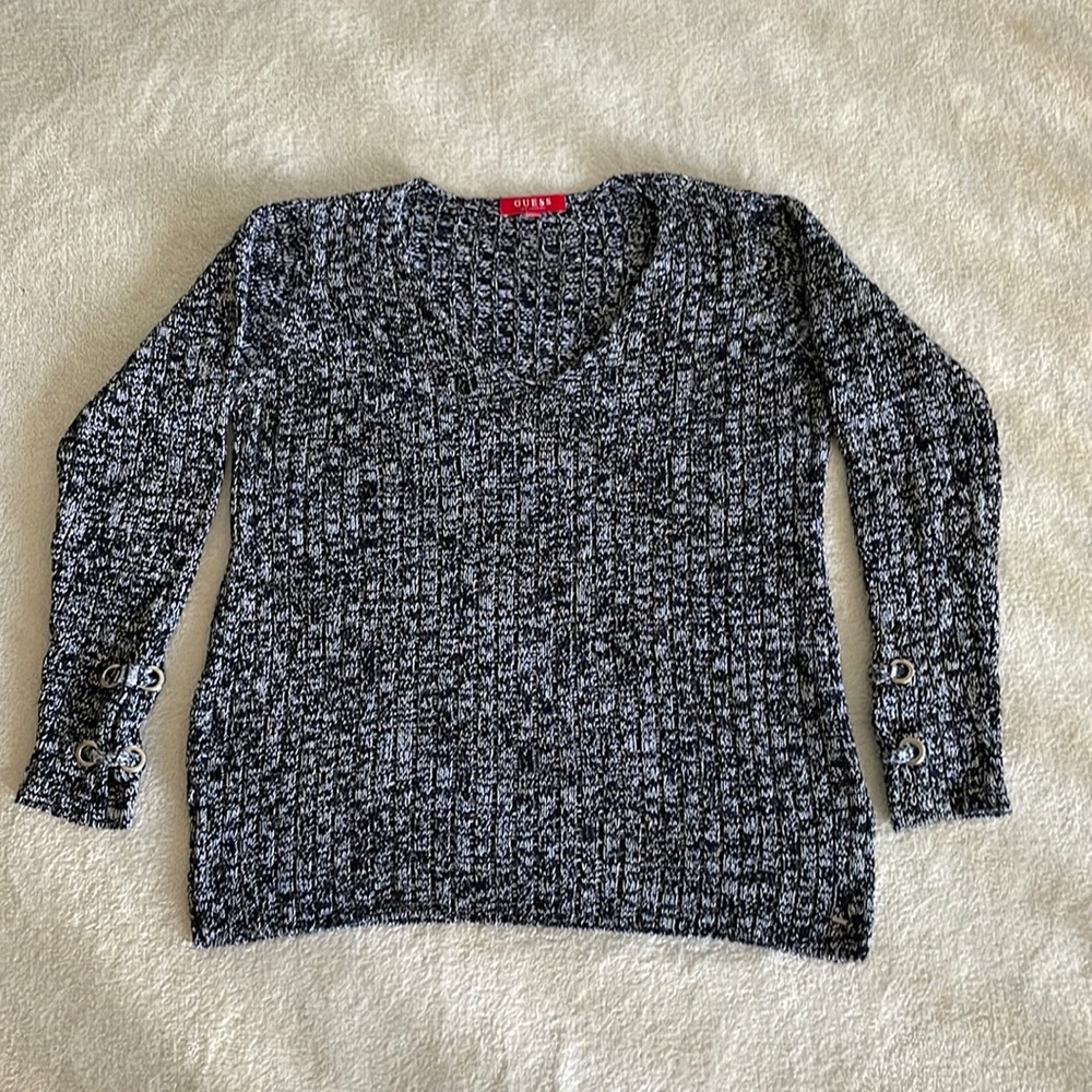 Guess Salt and Pepper heather knit sweater with Grommet detailing on sleeve
